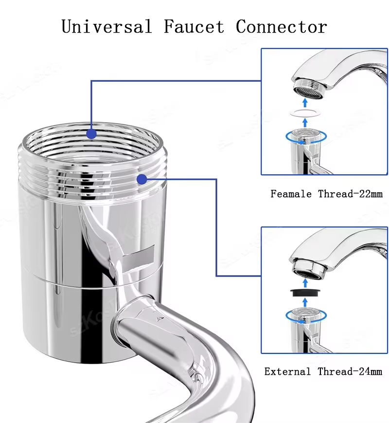 1080° Swivel Stainless Steel Faucet Extender – Universal Splashproof Kitchen & Bathroom Sink Adapter with Dual Spray Mode